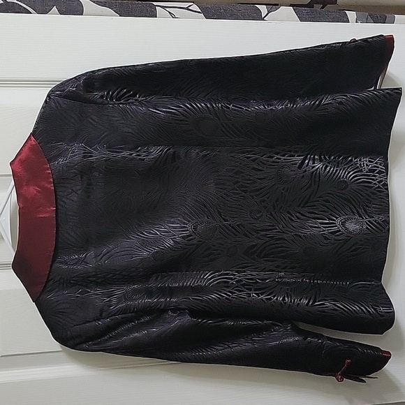 Traditional Chinese Silk Black and Red Feather Animal Print Changshan Jacket - Picture 7 of 7